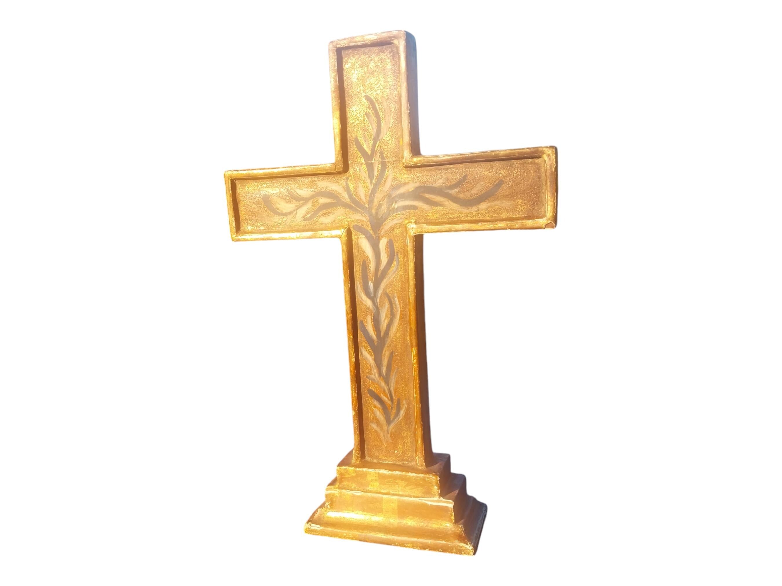 Vintage Gold Painted Cross with Floral Design