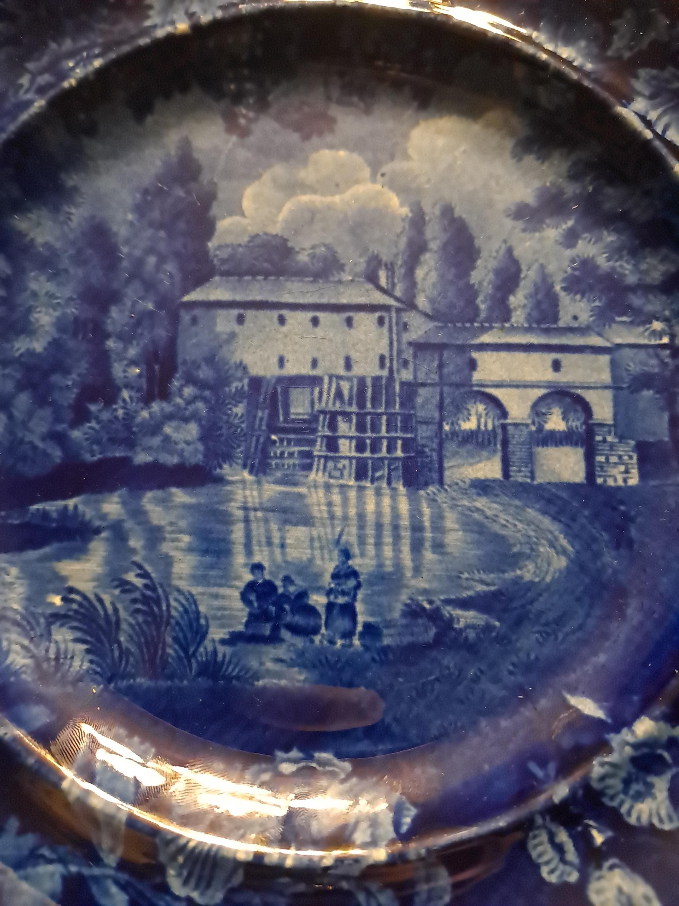 Antique Staffordshire Dark Blue Transferware Plate of Italian Scenery