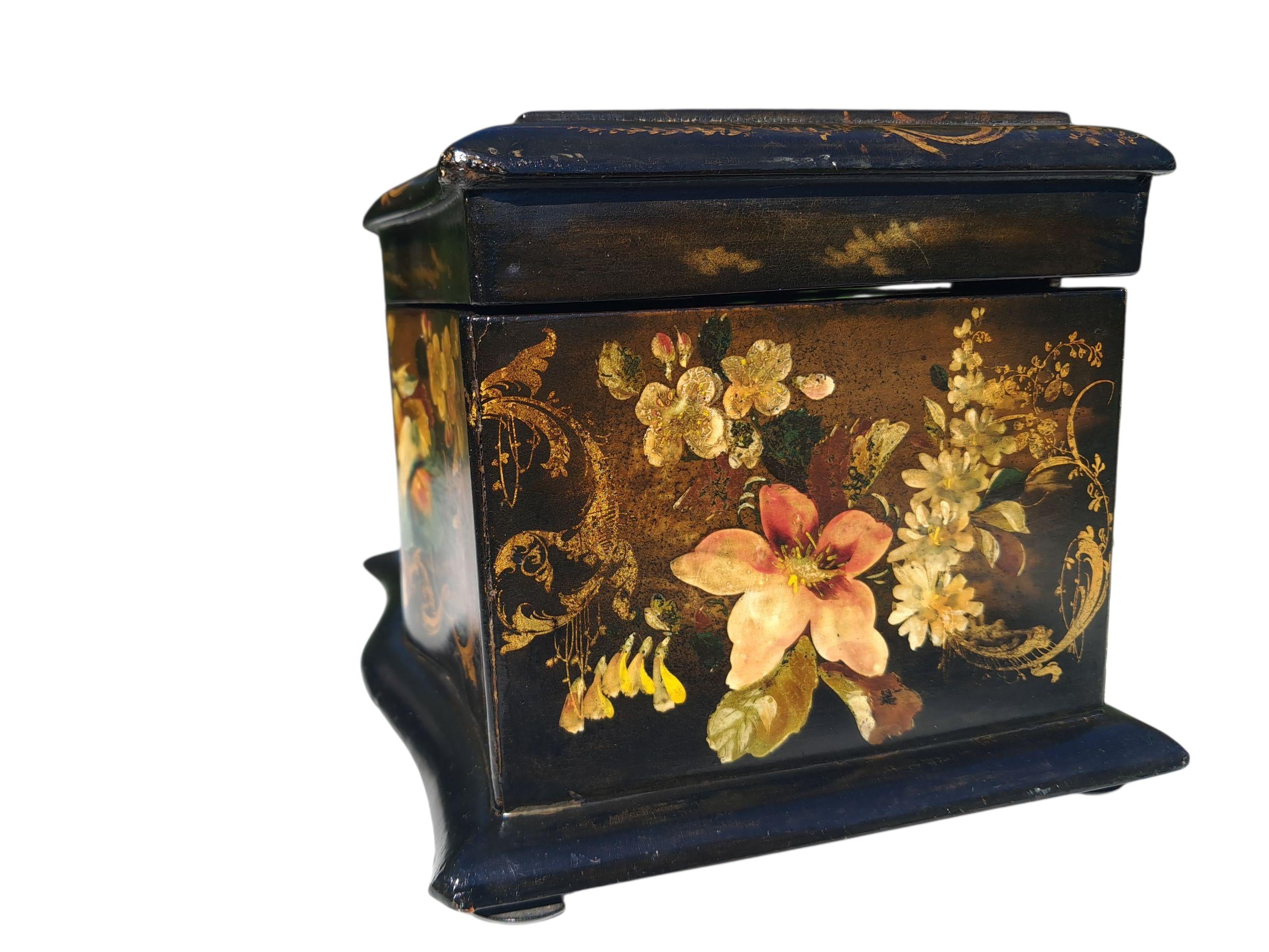 Antique Chinoiserie French Lacquered Tea Caddy: Floral Gold Gilding