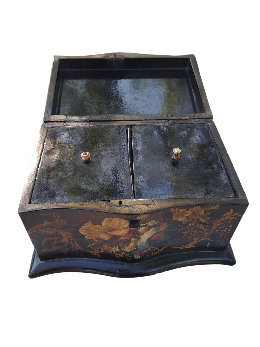 Antique Chinoiserie French Lacquered Tea Caddy: Floral Gold Gilding