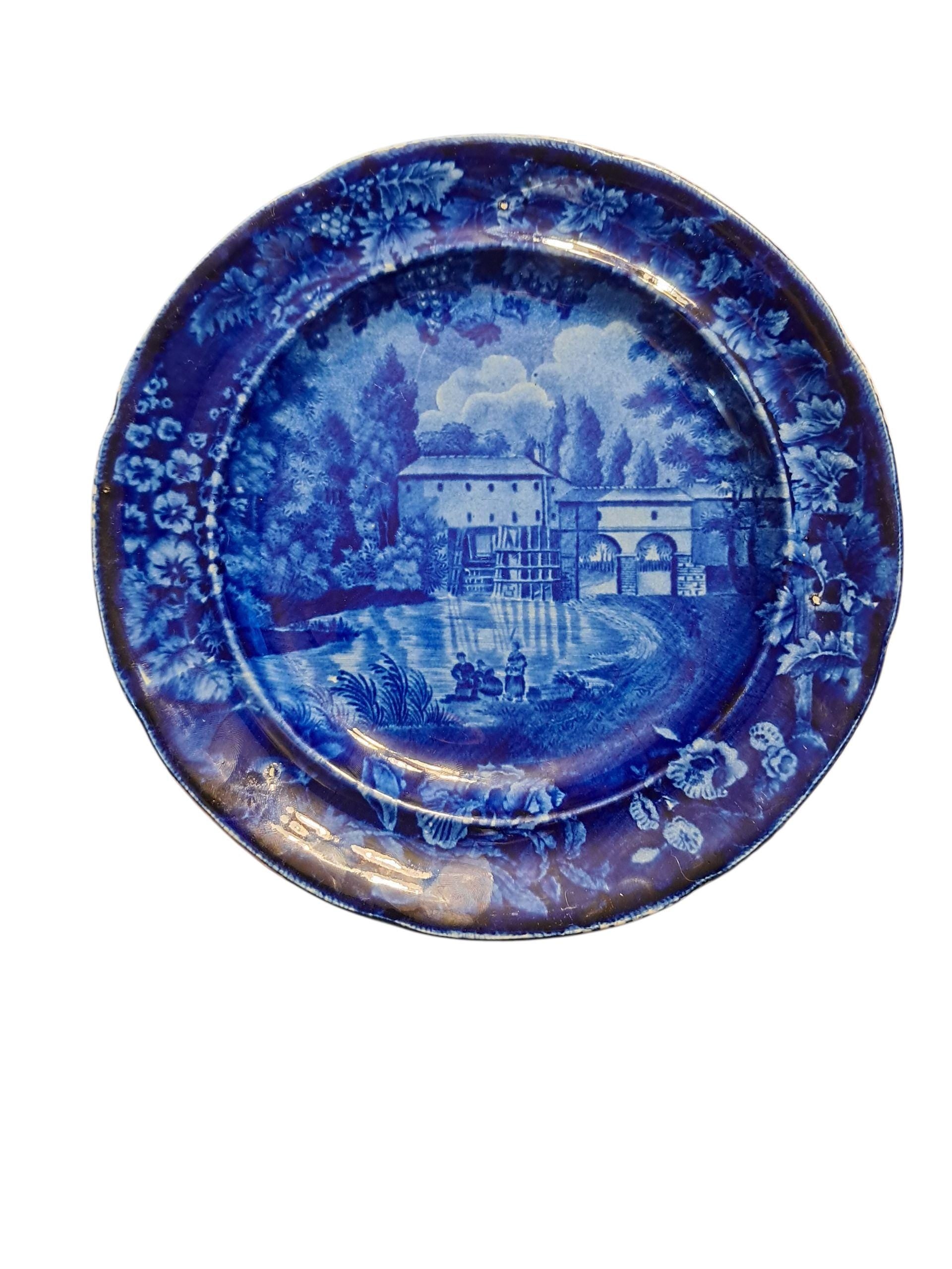 Antique Staffordshire Dark Blue Transferware Plate of Italian Scenery