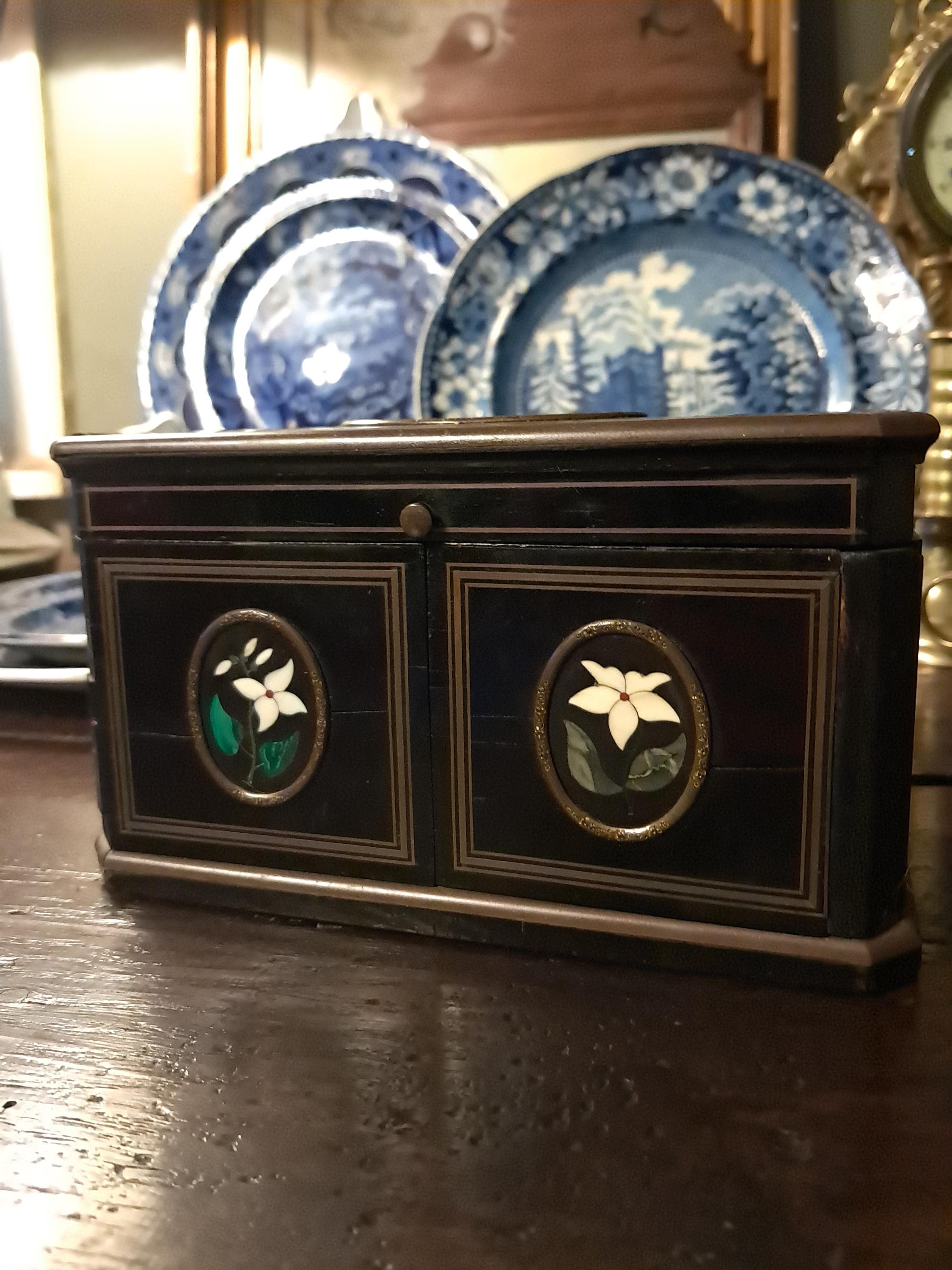 Antique French Pietra Dura Scent Caddy Box, Floral Inlay