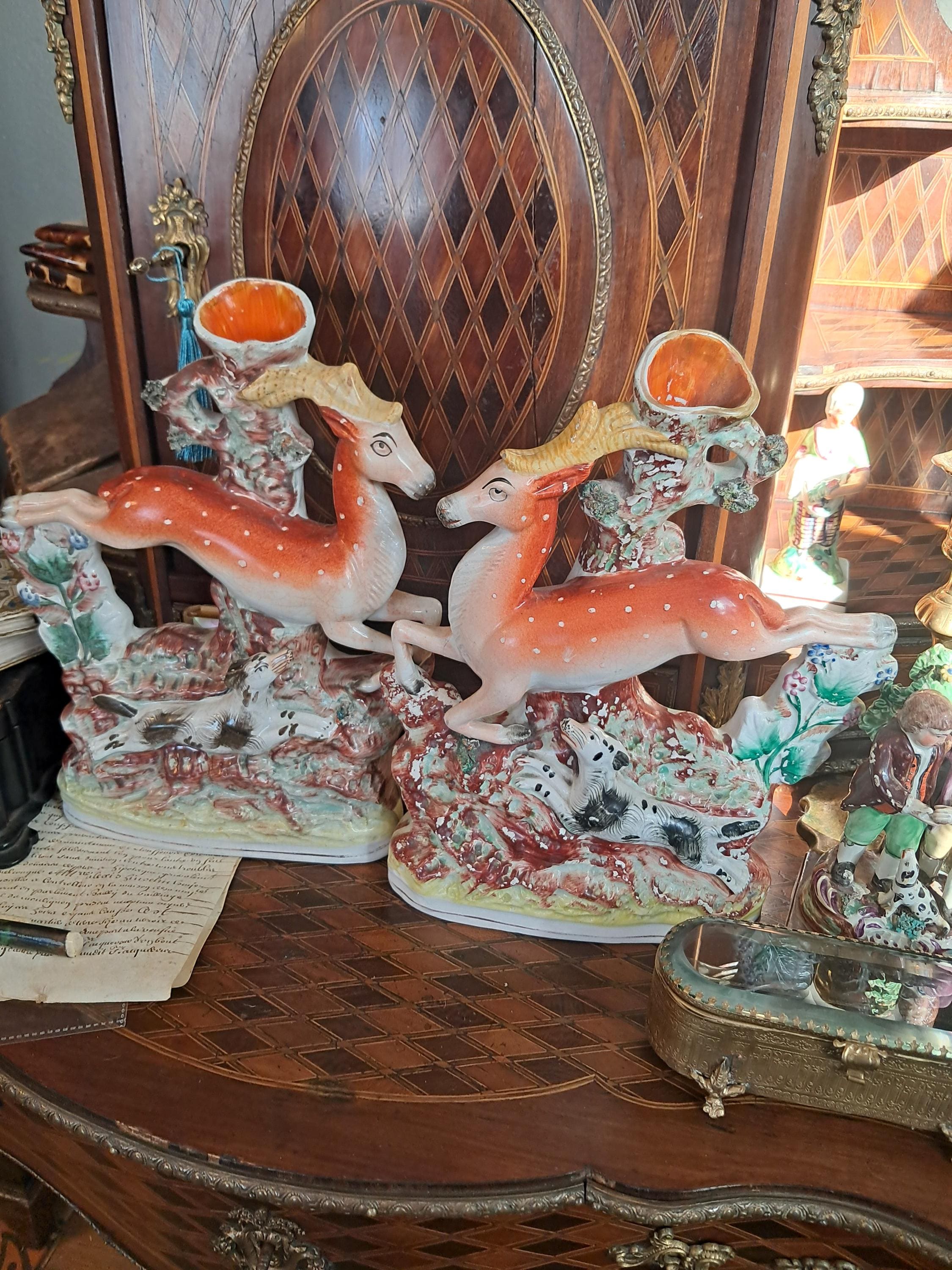 Beautiful Staffordshire Deer Spill Vase Pair