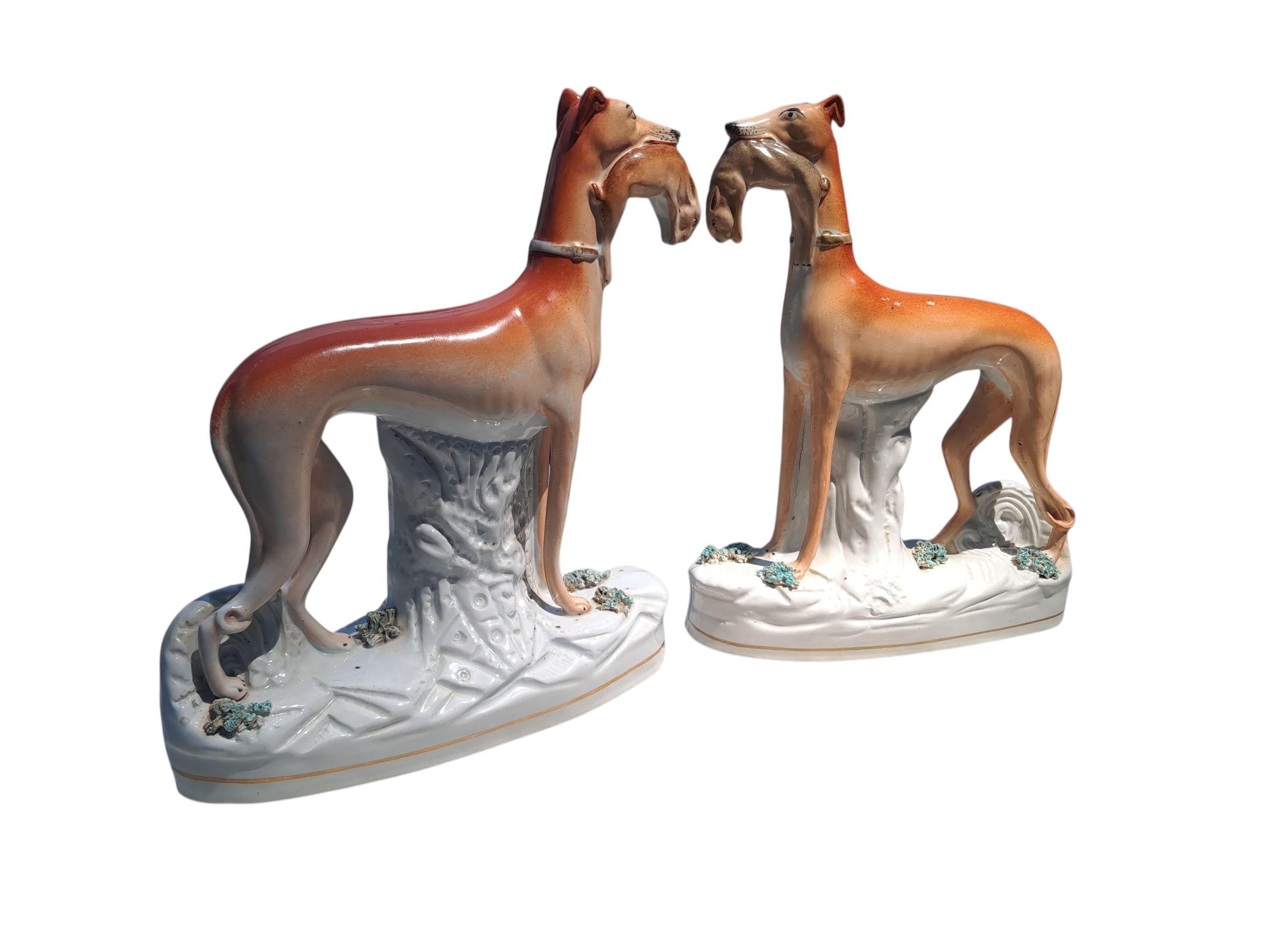 Authentic Antique Huge 11 Inch Staffordshire Dog Whippet Greyhound Pair