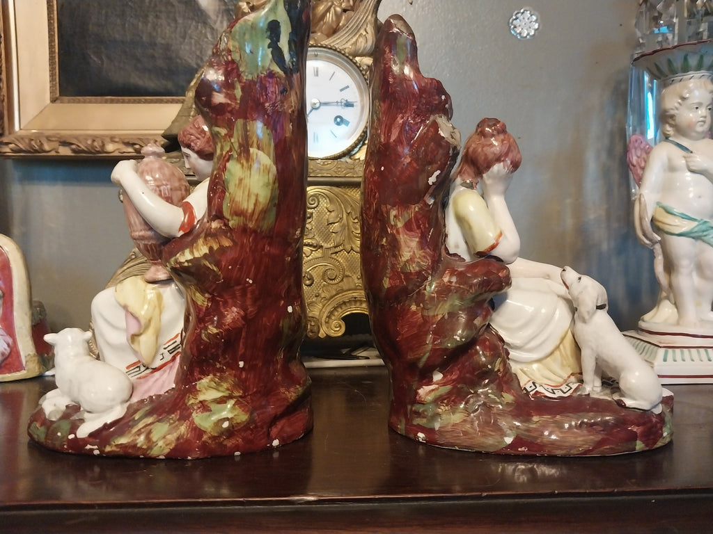 Pair Early Pearlware Staffordshire Poor Maria Agrippina Dog Spill Vases 19th C