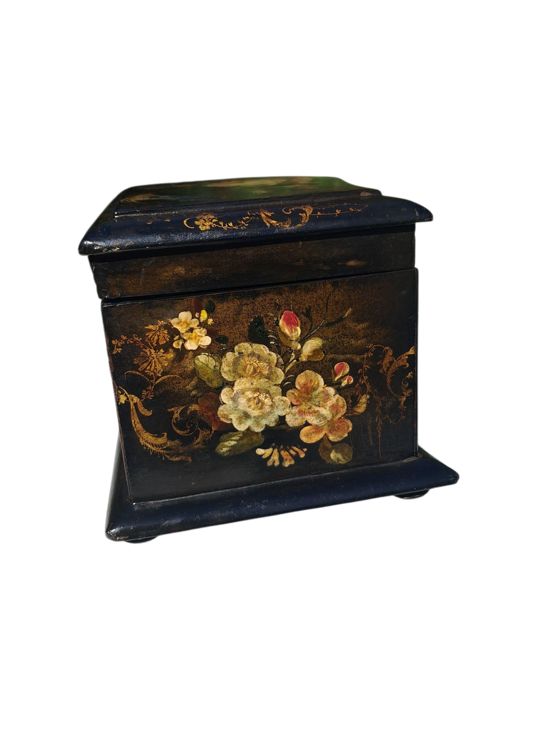 Antique Chinoiserie French Lacquered Tea Caddy: Floral Gold Gilding