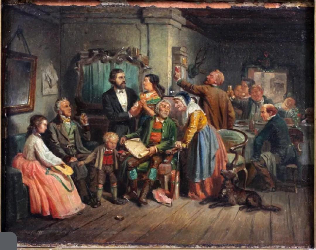 Antique Rudolf Hausleithner Oil Painting: Austrian Holiday Scene Dark and Moody