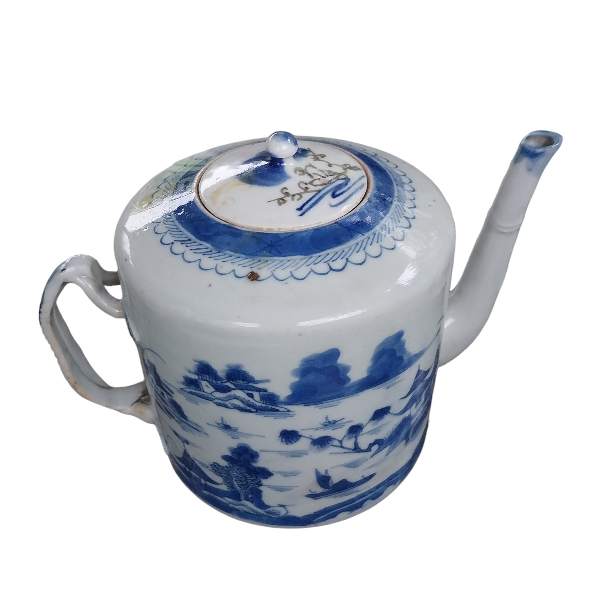 Blue and White Mid 1800's Drum Style Chinese Export Teapot
