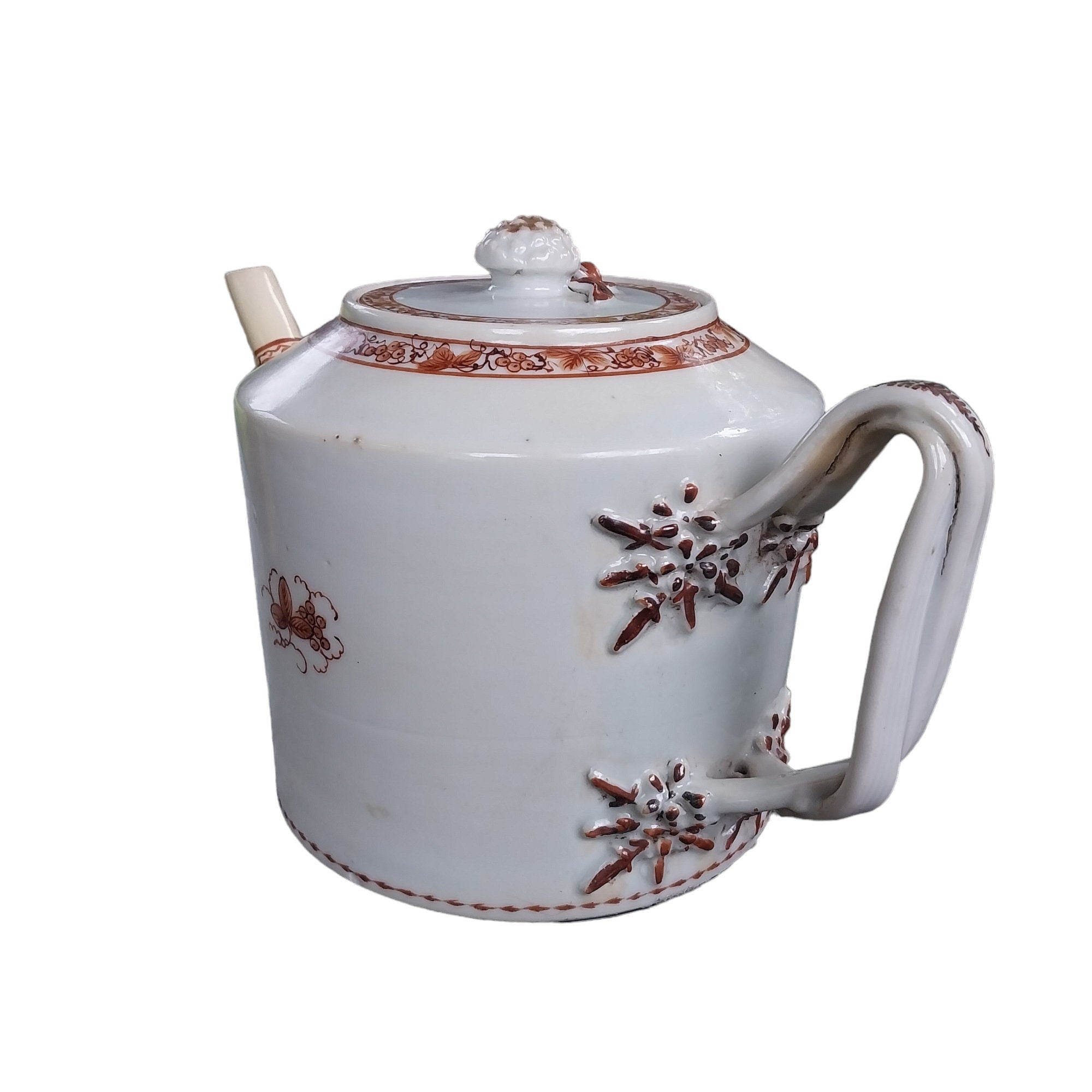 Chinese Export Porcelain Sepia & Gilt Twisted Handle Ribbed Teapot C 1790