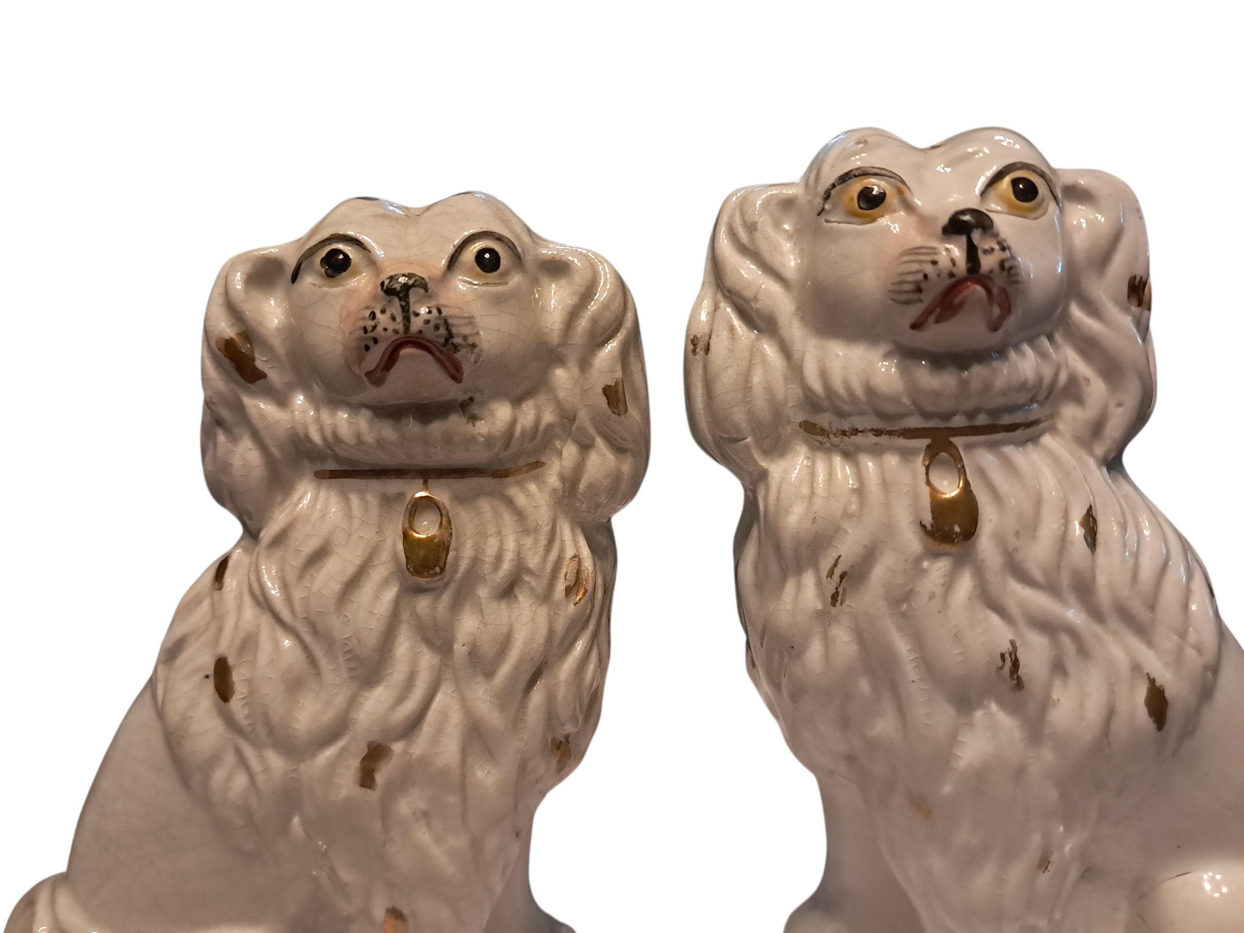 Authentic RARE Antique True Staffordshire Little Lion Dog Pair White