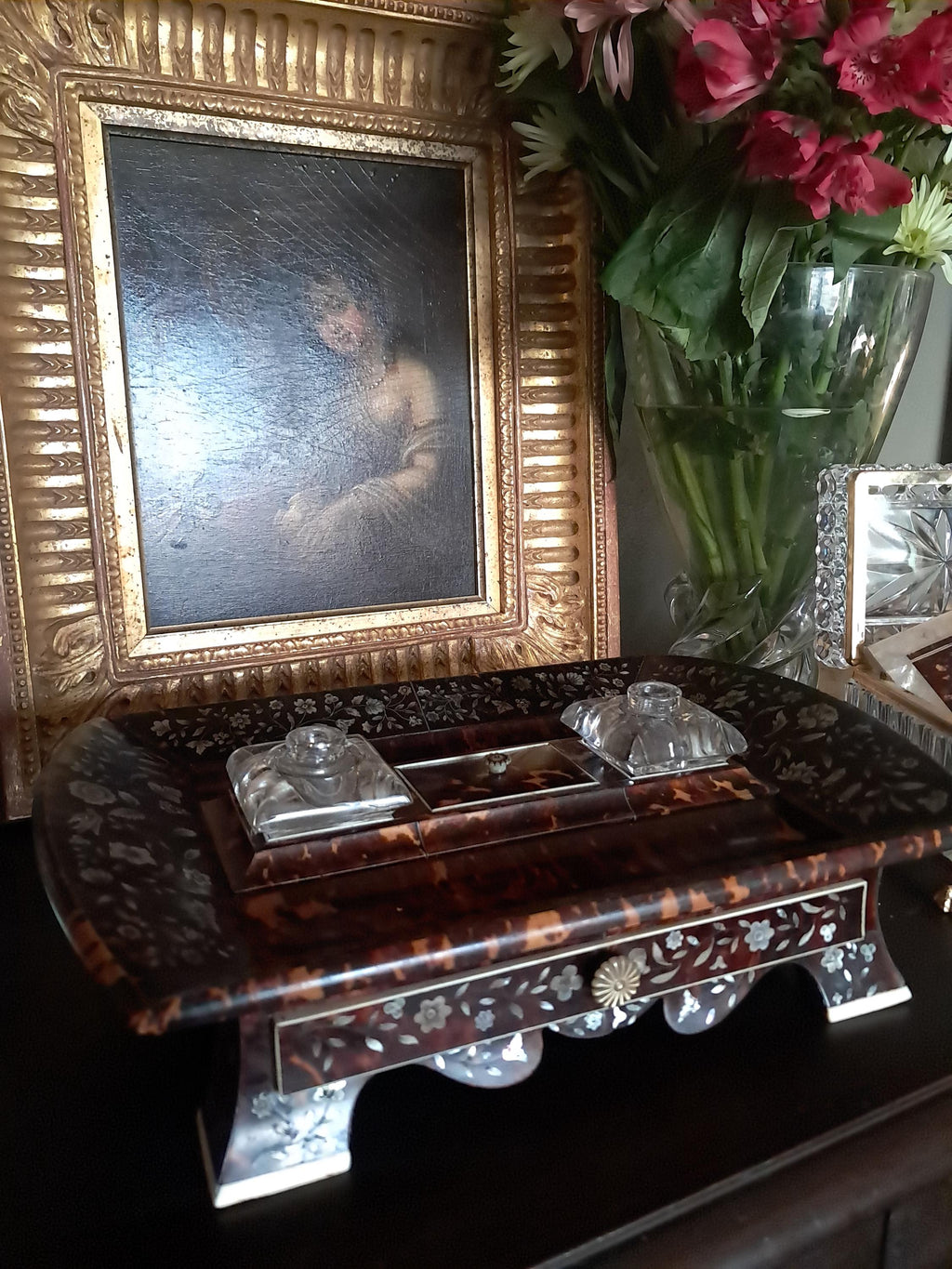Stunning Faux Tortoiseshell and Mother of Pearl Desk Set