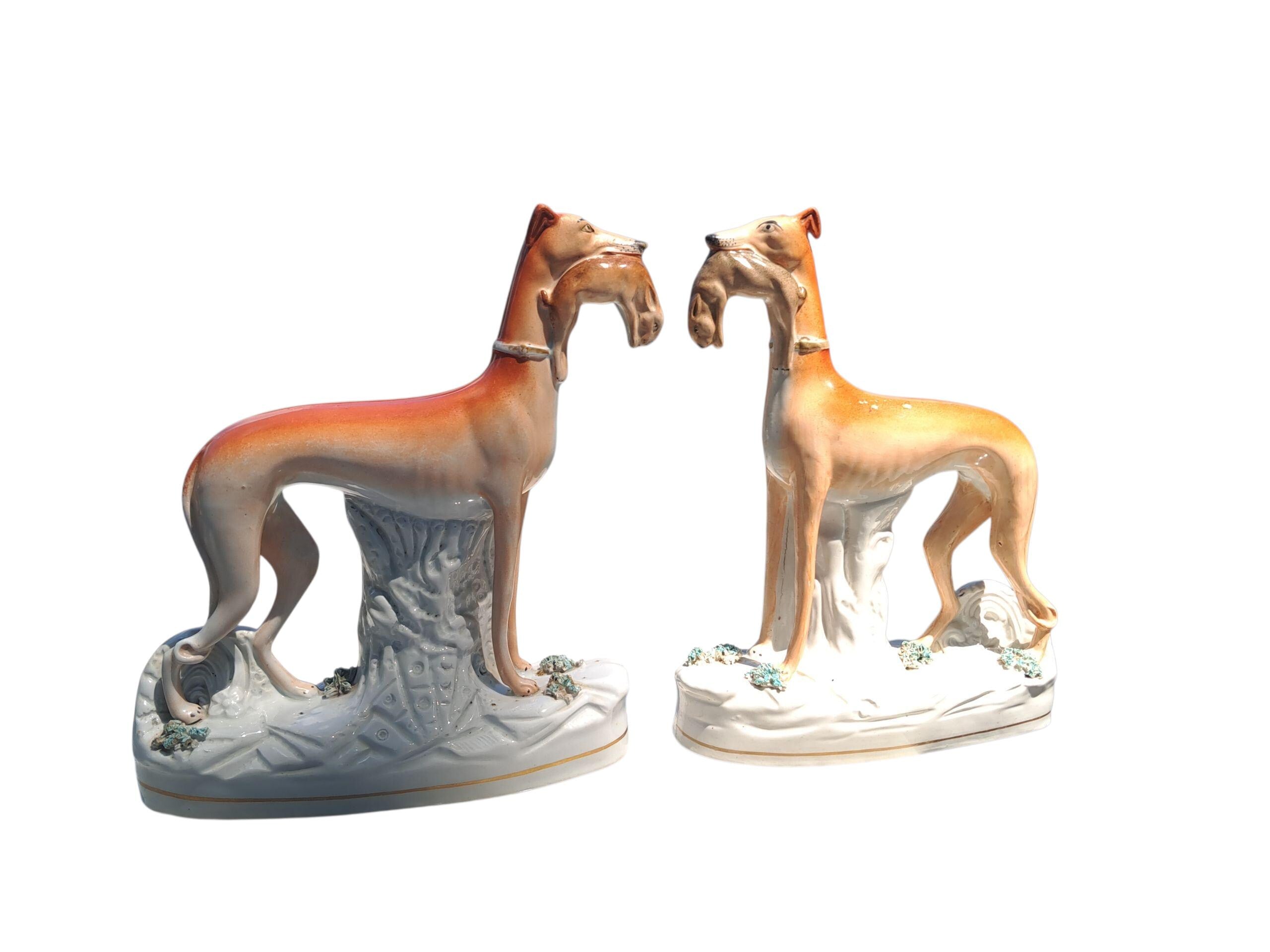 Authentic Antique Huge 11 Inch Staffordshire Dog Whippet Greyhound Pair