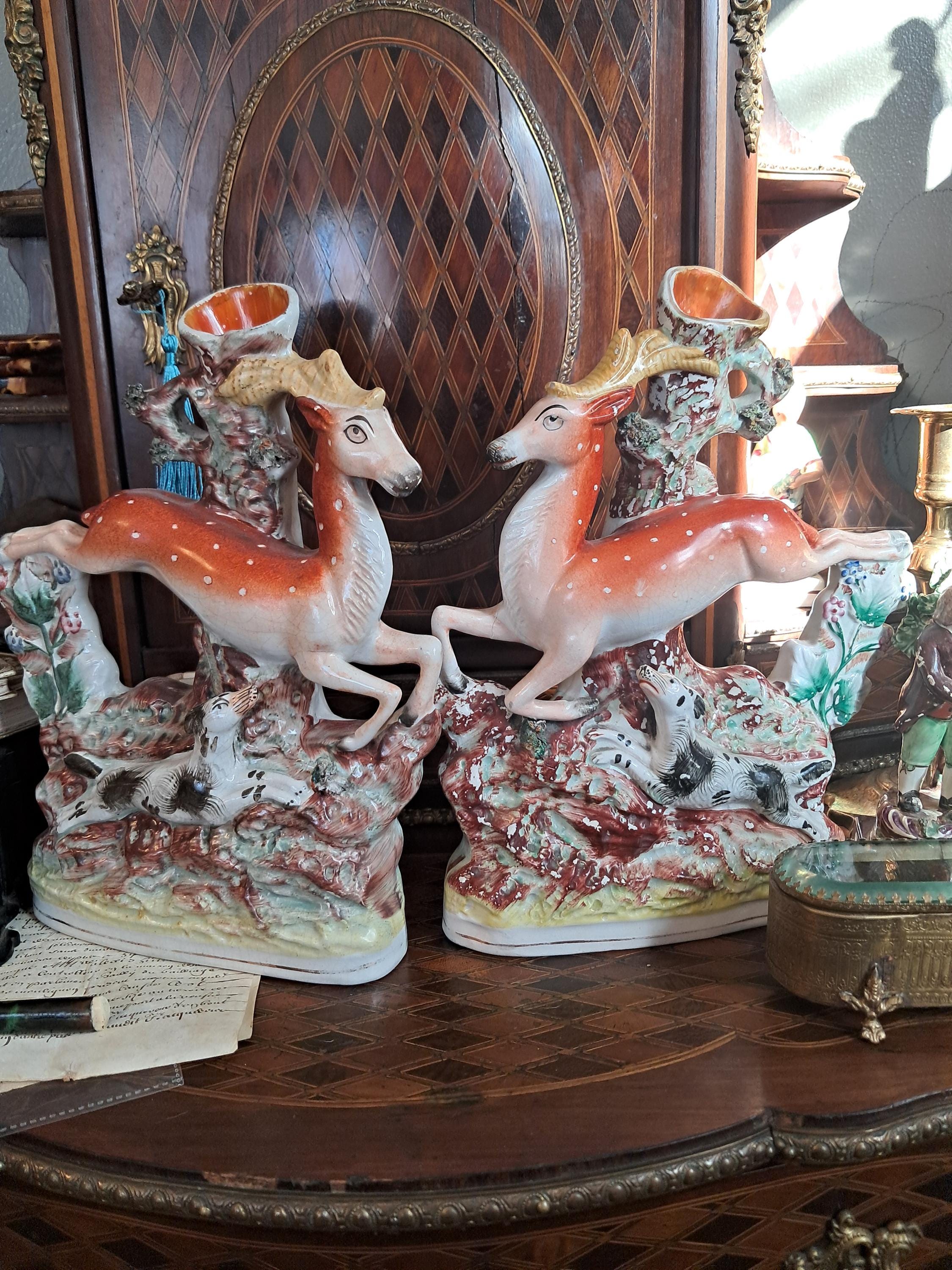 Beautiful Staffordshire Deer Spill Vase Pair
