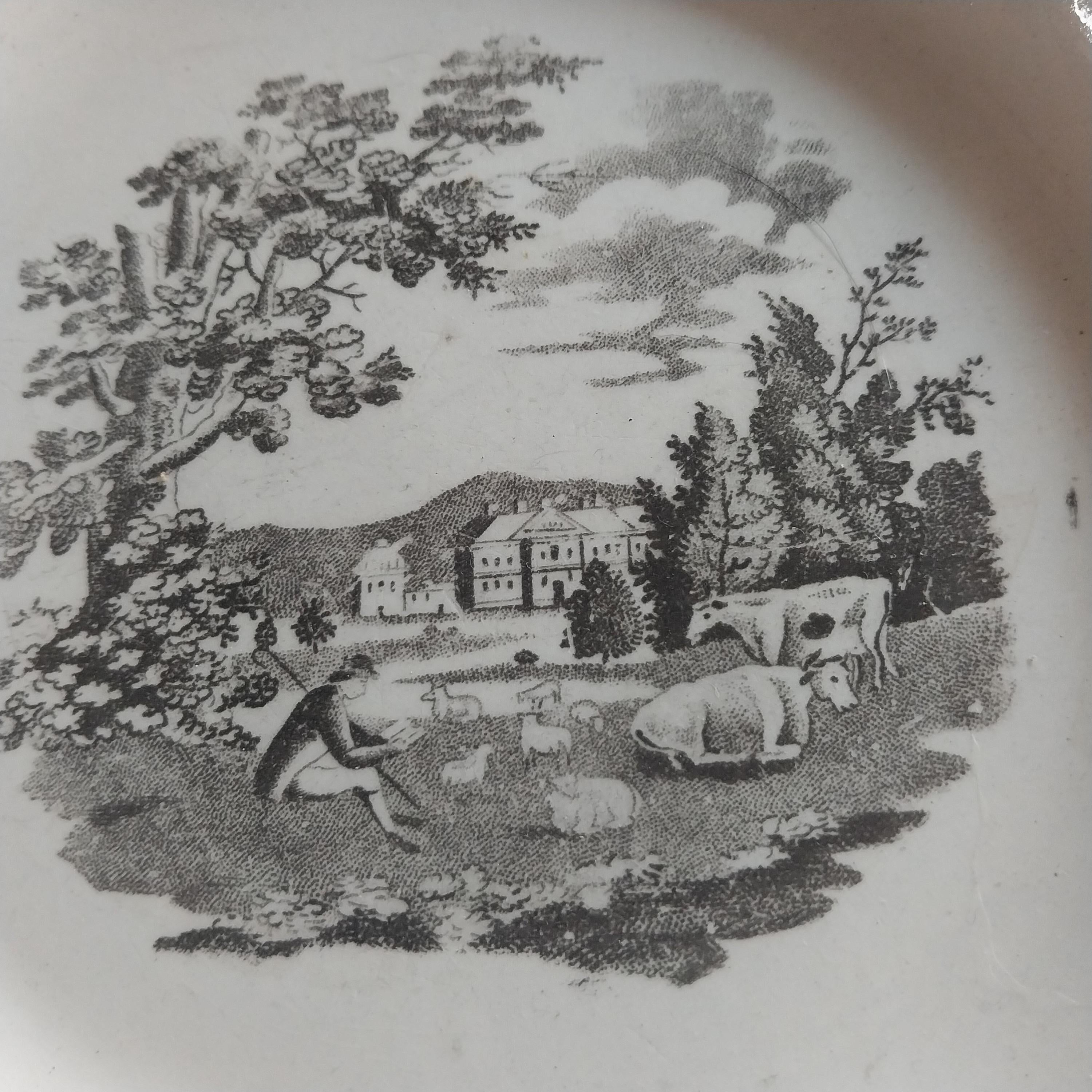 Early Staffordshire Pearlware Plate with Enameled Flowers and Pastoral Scene