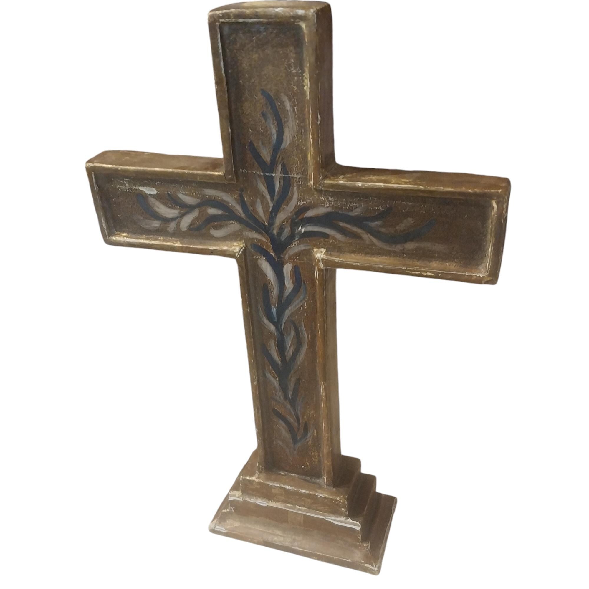 Vintage Gold Painted Cross with Floral Design