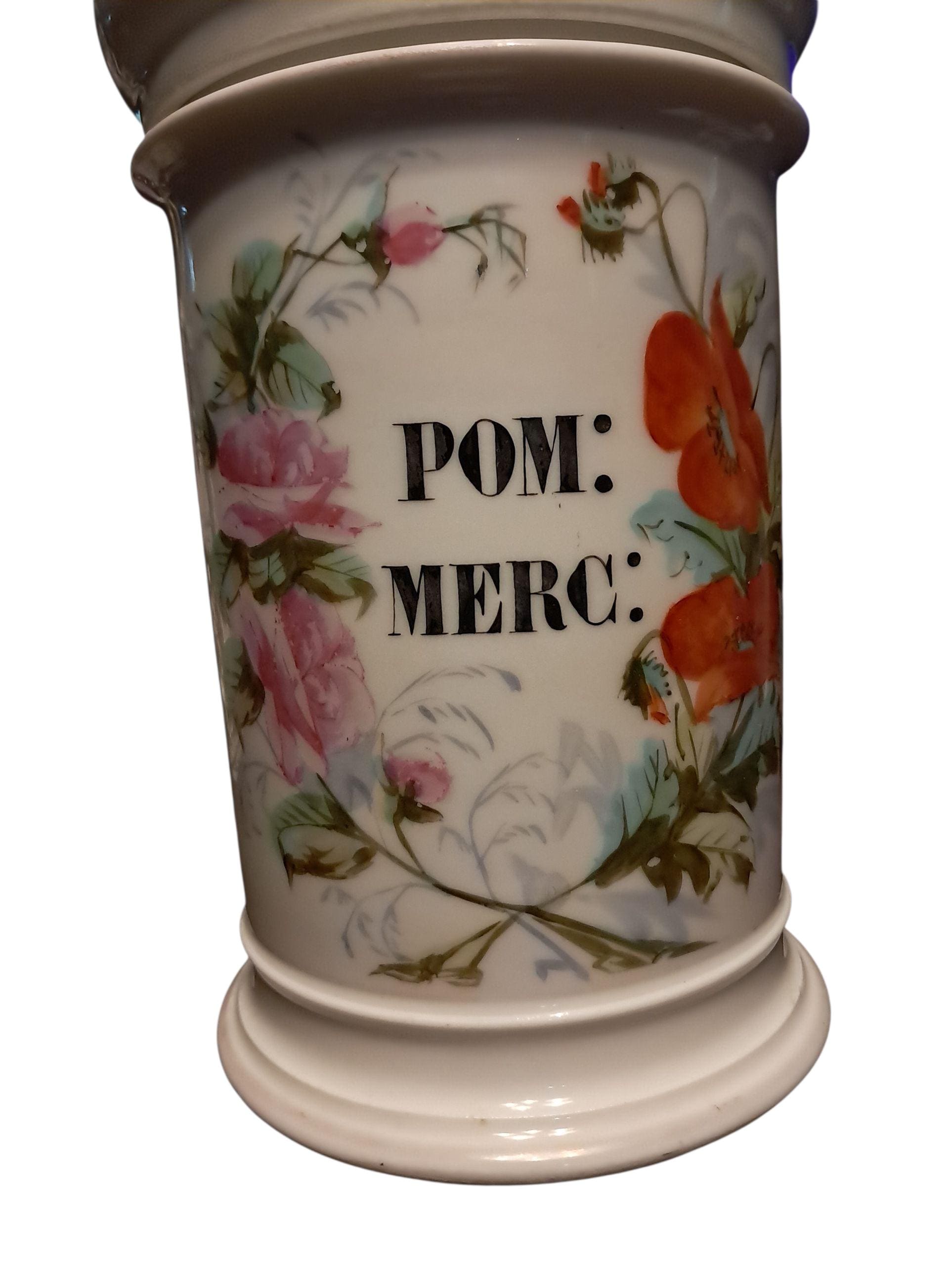 Antique French Apothecary Jar: Hand Painted Floral Display Piece