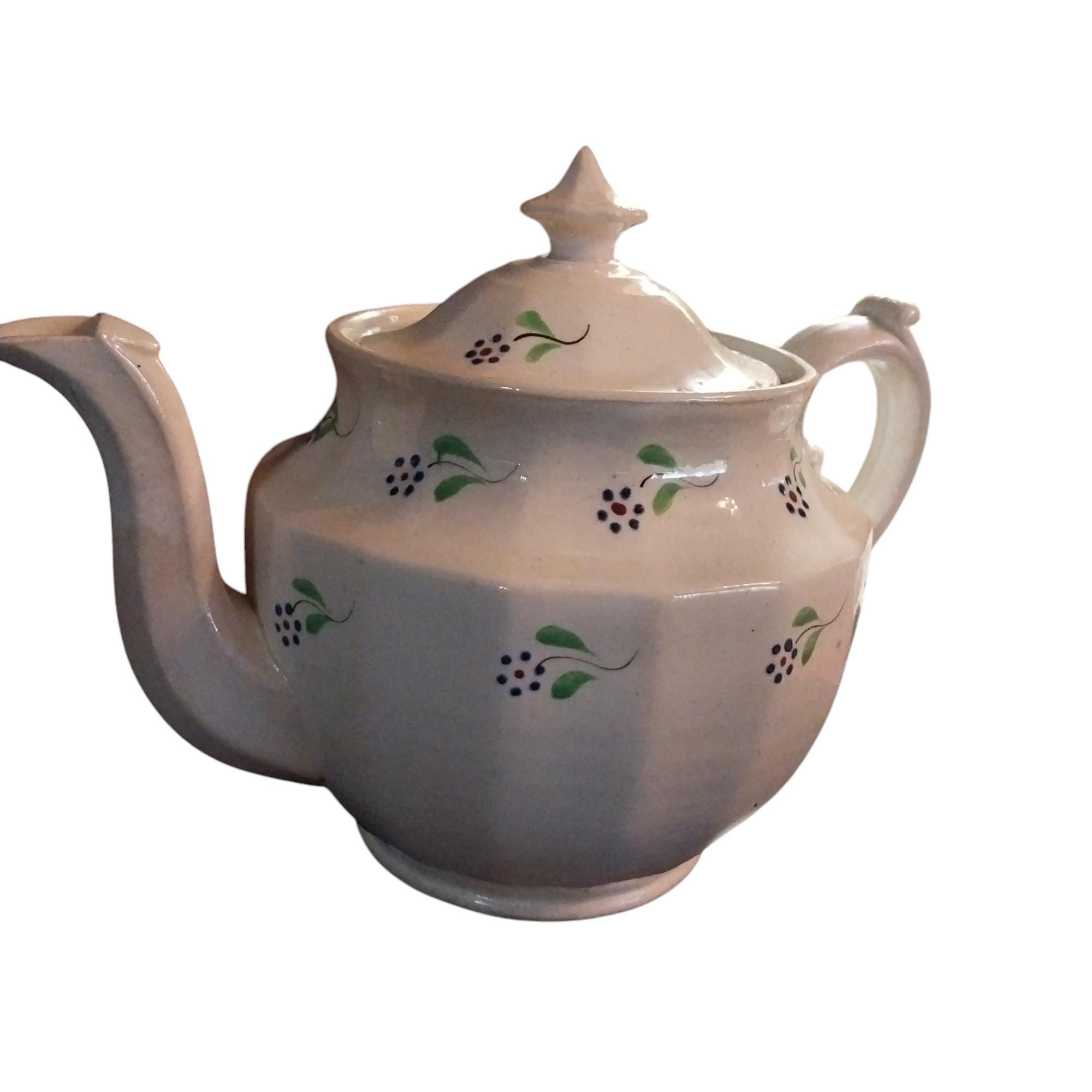 Early English Sprig Hand Painted Flowers Creamware Teapot