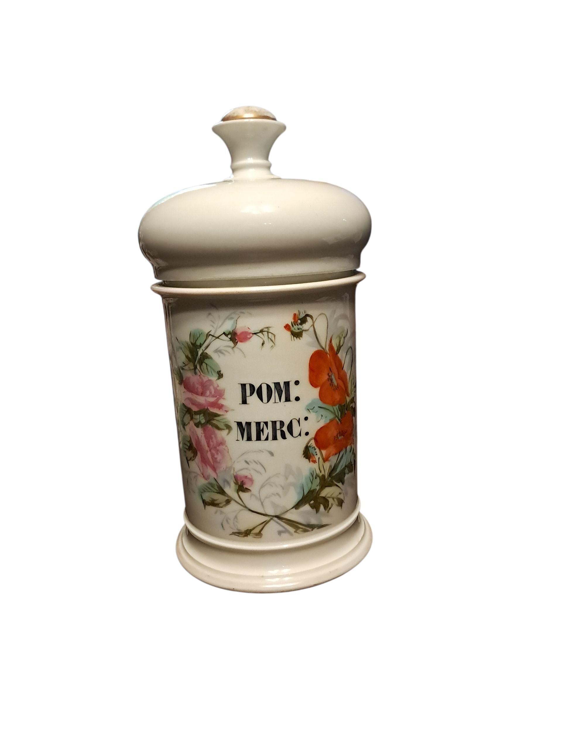 Antique French Apothecary Jar: Hand Painted Floral Display Piece